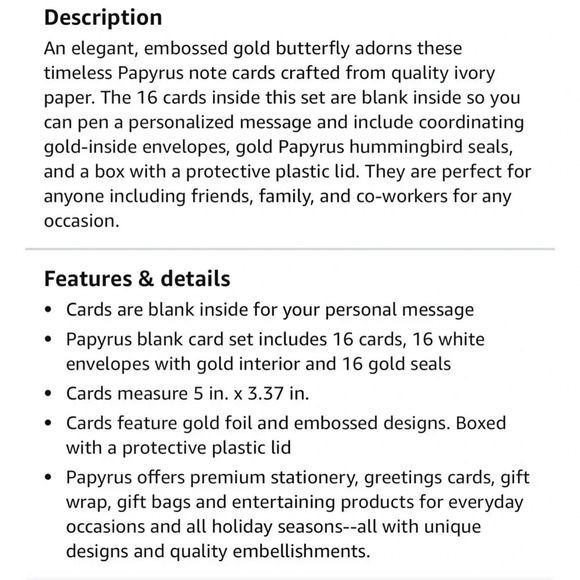 Papyrus Blank Cards with Envelopes, Gold Butterfly (16-Count) NWT - Picture 6 of 13